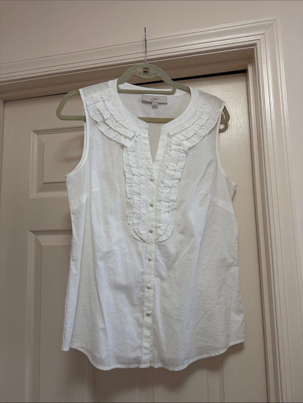 LOFT White Sleeveless Ruffle-Trim Button Front Camisole